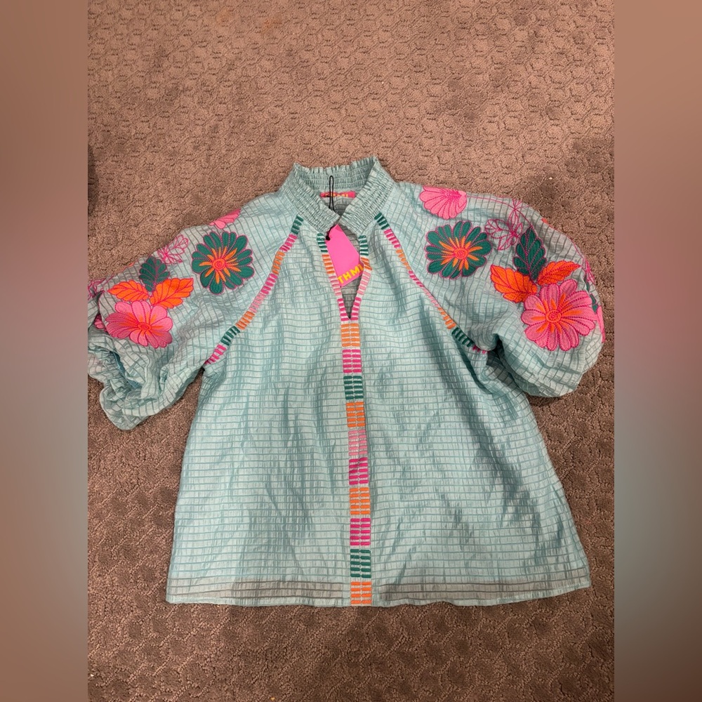 THML Aqua Peasant Top with Pink & Orange Floral Sleeves - Picture 3 of 8